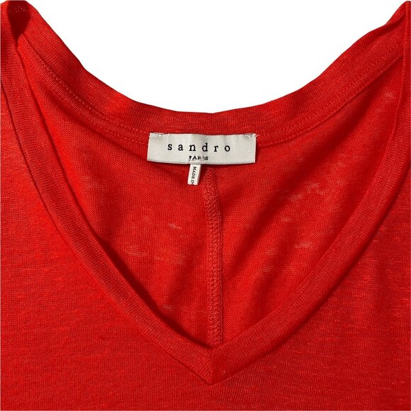 Sandro SMALL 1 Red Pink Linen Blend Color Block Lightweight Short Sleeve T-Shirt - Picture 6 of 9